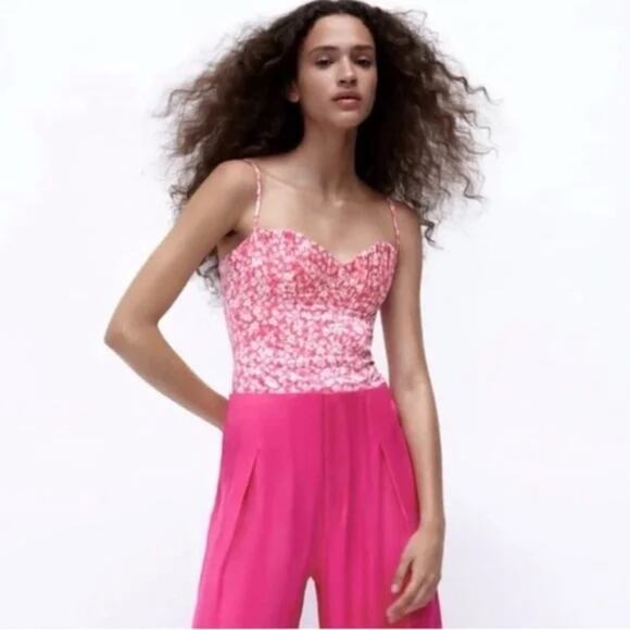 Zara Printed Corset Bodysuit Pink White Floral Medium NWT - Picture 1 of 9